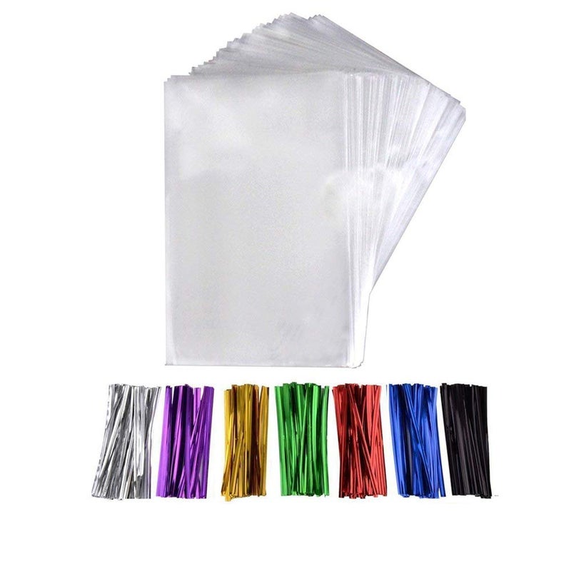 MoloTAR 200 Pcs 6 in x 4 in(1.4mil.) Clear Flat Cello Cellophane Treat Bags Good for Bakery, Cookies, Candies,Dessert with five random color Twist Ties - Image 1